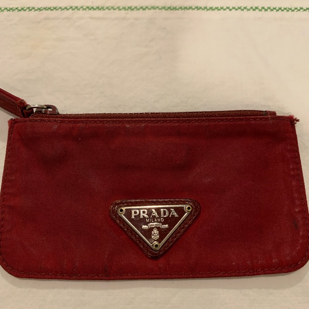 Authentic Prada Nylon Credit Card Zipper Wallet (Red)